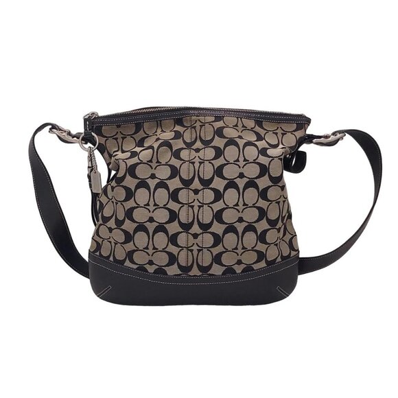 Auth COACH Signature Soft Slim Medium Duffle 9349 Cream Black Jacquard Leather - Picture 3 of 10